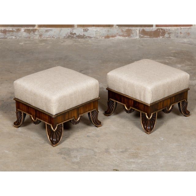 19th Century Pair of English Regency 19th Century Footstools with Carved Feet and Gilt Trim For Sale - Image 5 of 11