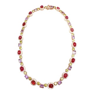 Bochic “Capri” Vintage Ruby, Amethyst, Peridot Necklace In 18K Gold & Silver For Sale