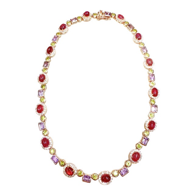Bochic “Capri” Vintage Ruby, Amethyst, Peridot Necklace In 18K Gold & Silver For Sale
