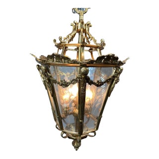 1970 France Louis XVI Gold Bronze Glass Lantern Chandelier Light For Sale