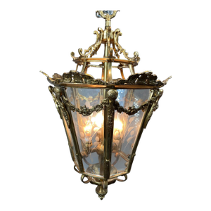 1970 France Louis XVI Gold Bronze Glass Lantern Chandelier Light
