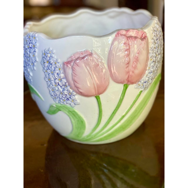 Ceramic Vintage Pink Tulip and Lilac Ceramic Wastebasket or Planter by Mary Ann Baker For Sale - Image 7 of 9