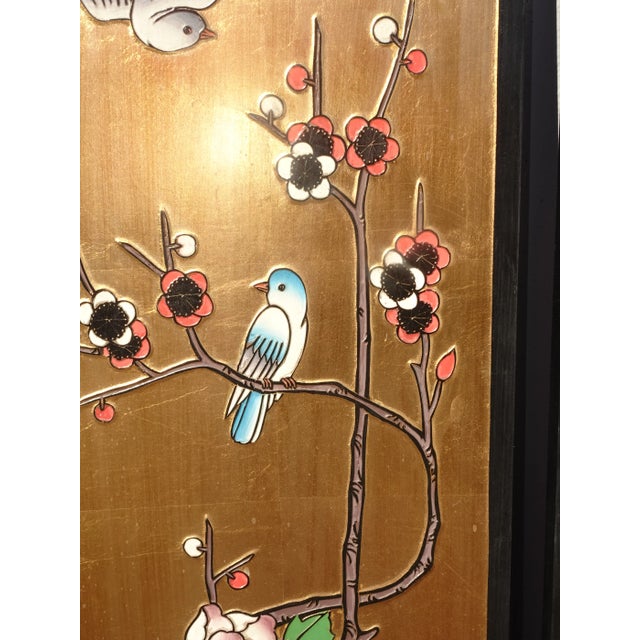 Gold Vintage 1940s Oriental Asian Coromandel Chinoiserie Gold Four Panel Screen with Floral Bird For Sale - Image 8 of 13