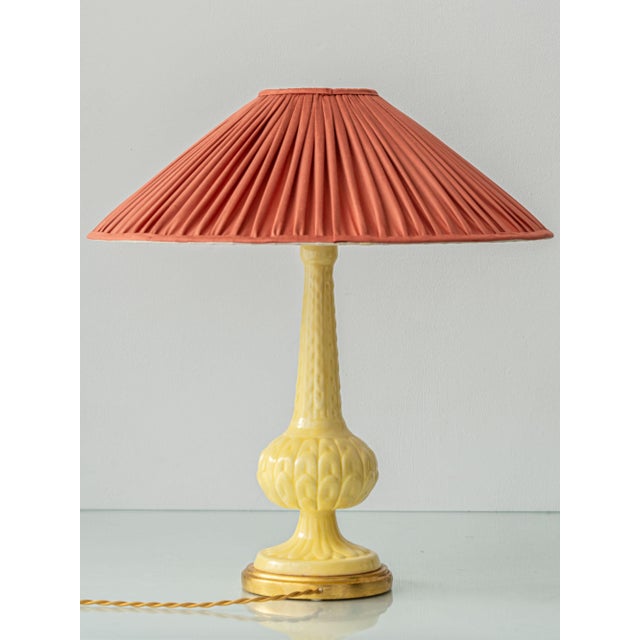 Butter Yellow Ceramic Table Lamp with Pink Silk Pleated Shade from Casa Pupo, Spain, 1960s For Sale - Image 6 of 15