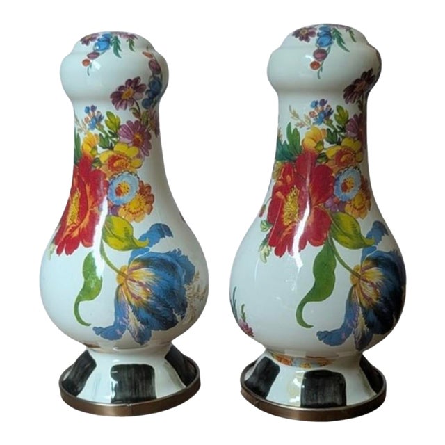 Mackenzie Childs Flower Market Salt Pepper Shakers Black White Checkered Base For Sale