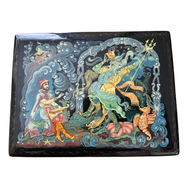Vintage Hand-Painted Lacquer Table Box - "Sadko in the Underwater Kingdom" For Sale
