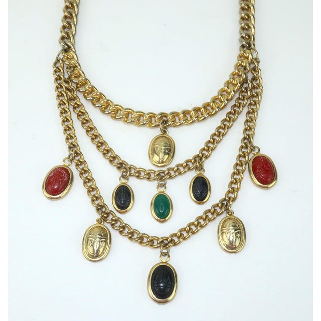1980s Vintage Scarab Bib Chain Link Egyptian Style Necklace, c.1980 For Sale - Image 5 of 11