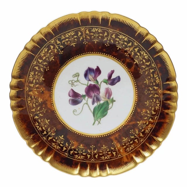 Traditional Antique Minton Cabinet Plates Tortoiseshell Glaze Botanical Dishes - A Pair For Sale - Image 3 of 10