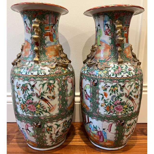 Antique Rose Medallion Tall Vases - a Pair For Sale - Image 4 of 8