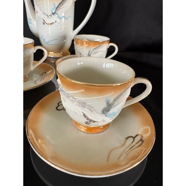 1950s Dragon Tea Set Lusterware Made in Japan, Teapot With 6 Cups and Saucers, Hand Painted For Sale - Image 5 of 11