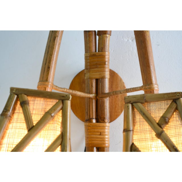 Double Bamboo and Bent Rattan Wall Sconce Chippendale Pattern Shade For Sale - Image 6 of 9