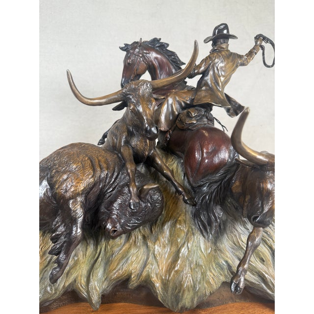 Wood Chris Navarro “Range Rights” Bronze Sculpture – Limited Ed. 7/50 – Large Western Cowboy For Sale - Image 7 of 11