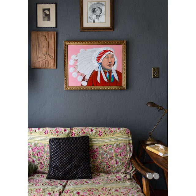 Pop Art Style Painting of Indigenous Native American in Pink and Red For Sale - Image 4 of 11
