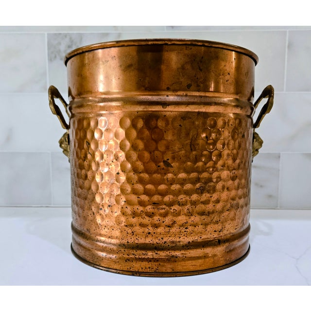 Vintage Hammered Copper Coal Scuttle Bucket With Brass Satyr Handle – Fireplace, Hearth, or Umbrella Stand For Sale In Dallas - Image 6 of 11
