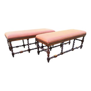 French Barley Twist Oak Bench | Antique Upholstered Entryway Seating For Sale
