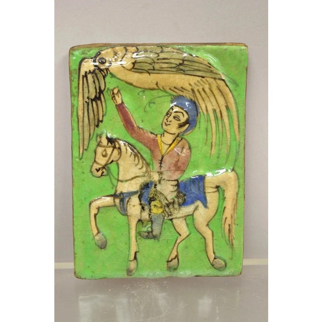 Antique Persian Iznik Qajar Style Ceramic Pottery Green Tile Phoenix W/ Rider C4 For Sale - Image 10 of 10