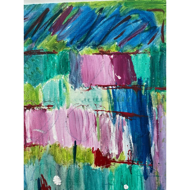 1970s Abstract Mixed Media Painting Phtalo Yellow With Pink For Sale - Image 4 of 5