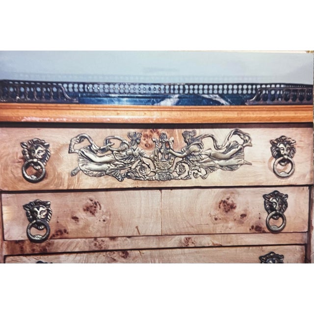 Brass Early 20th Century Pair of Empire Revival Burl Wood Sideboards With Brass Gallery and Ormolu Mounts With Verdi Marble Tops. For Sale - Image 8 of 10