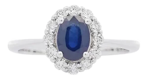 1.14 Carat Oval Deep Blue Sapphire & Round Diamond 18k White Gold Statement Ring Size 6.75