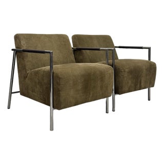 Vintage MCM Chrome & Suede Lounge Chairs - Pair For Sale