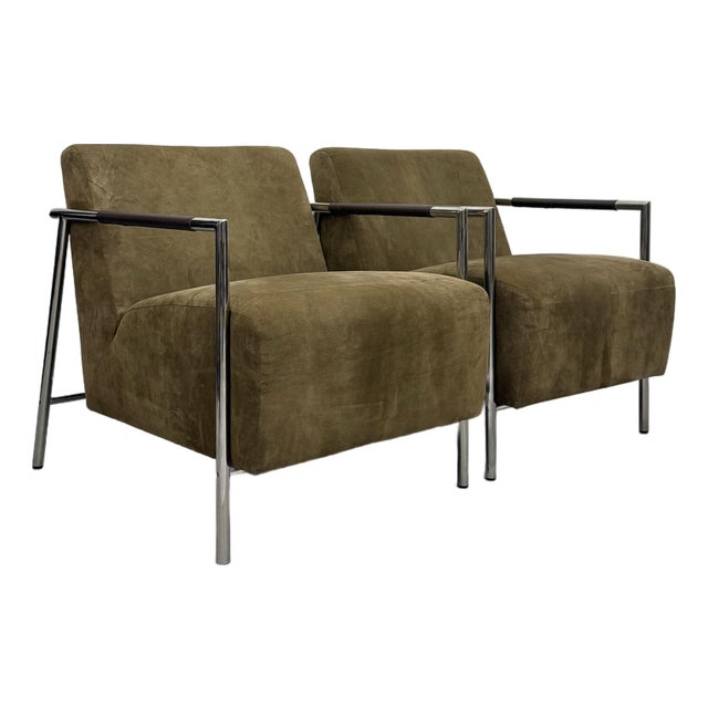Vintage MCM Chrome & Suede Lounge Chairs - Pair For Sale