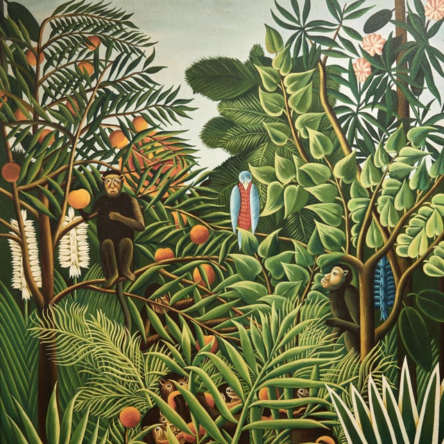 Green Vintage Haitian Painting of a Jungle Scene With Monkeys For Sale - Image 8 of 11
