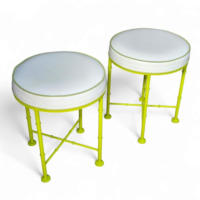 Pair of Mid Century Faux Bamboo Stools in the Style of Phyllis Morris – Green Metal & White Vinyl For Sale - Image 10 of 12