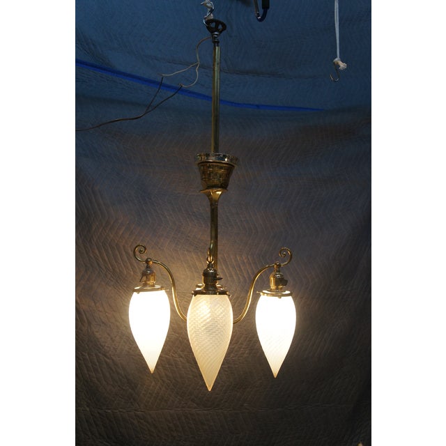 Antique Victorian Hubbell Opalescent Swirl Glass 4 Light Pendant Chandelier 38" For Sale - Image 9 of 14