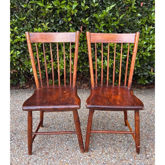 Wood Rustic Primitive Small Scale Mid 19th Century Bamboo-Turned Windsor Side Chairs With Single Board Seats, a Pair For Sale - Image 7 of 9