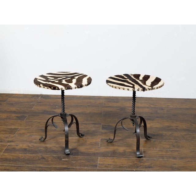 Pair of Midcentury French Guéridon Tables with Zebra Hide and Iron Tripod Bases For Sale In Atlanta - Image 6 of 11