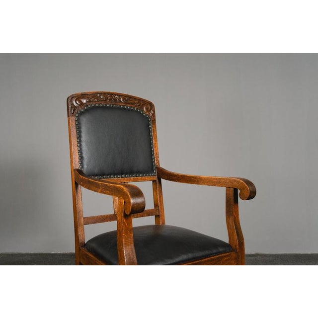 Art Nouveau Armchair in Oak and Leather For Sale - Image 9 of 17