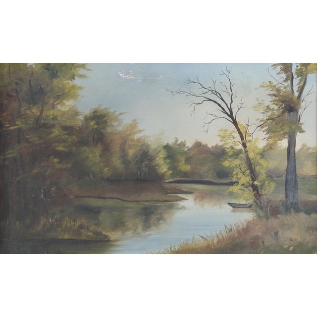 Antique late 19th century oil on artist board folk art riverside landscape painting. Displayed in an ornate antique dark...