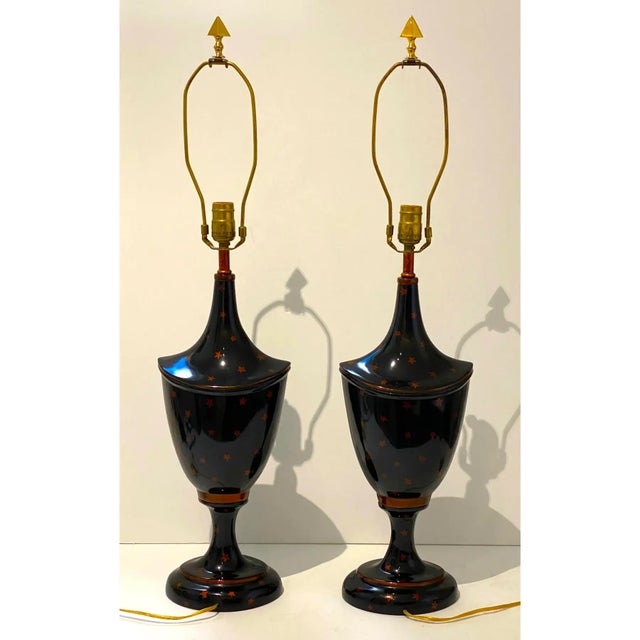 Maitland-Smith Table Lamps Red Stars on Black For Sale - Image 9 of 13