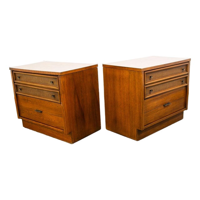 Mid Century Modern Nightstands End Side Tables Cane Wood Oak Founders 2 Drawer, Pair For Sale