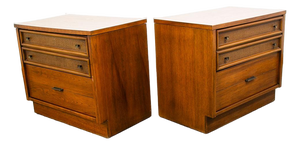 Mid Century Modern Nightstands End Side Tables Cane Wood Oak Founders 2 Drawer, Pair