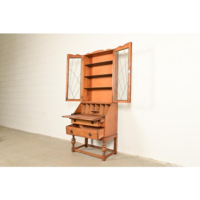 Antique English Art Deco Carved Oak Drop Front Secretary Desk With Leaded Glass Bookcase Hutch For Sale In South Bend - Image 6 of 17