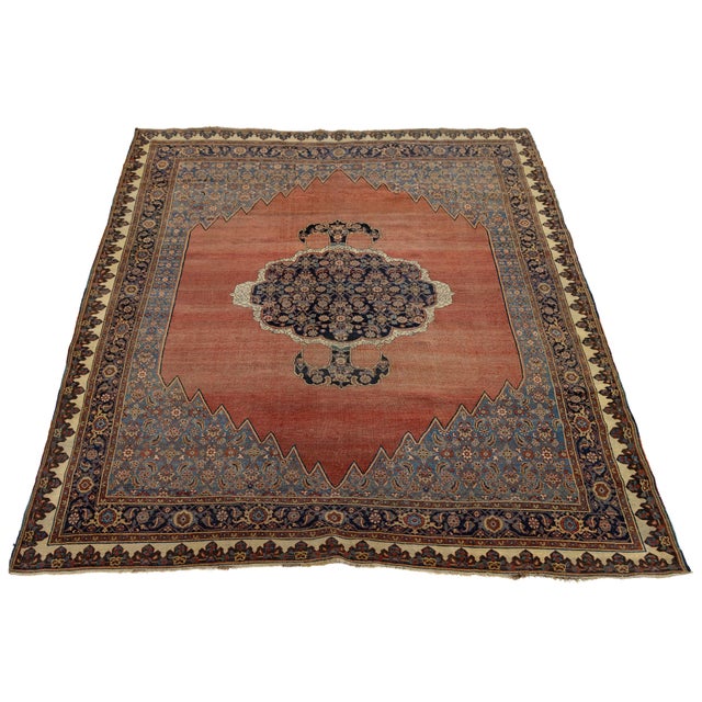 Antique Bidjar Style Wool Rug in Terracotta & Indigo, Hand-Knotted Medallion For Sale - Image 4 of 12
