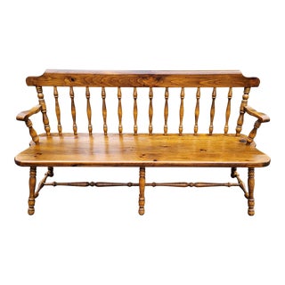Large Vintage 20th C American Spindle Carved Windsor Settee Bench For Sale