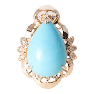 Vintage 14k Gold 19 Carat Turquoise Pear Shape and Diamond Cocktail Ring, Size 7.5 For Sale