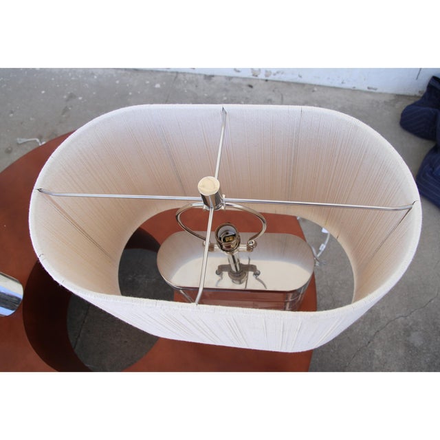 Pair of Lucite Racetrack Base Table Lamps With Shades For Sale - Image 9 of 12