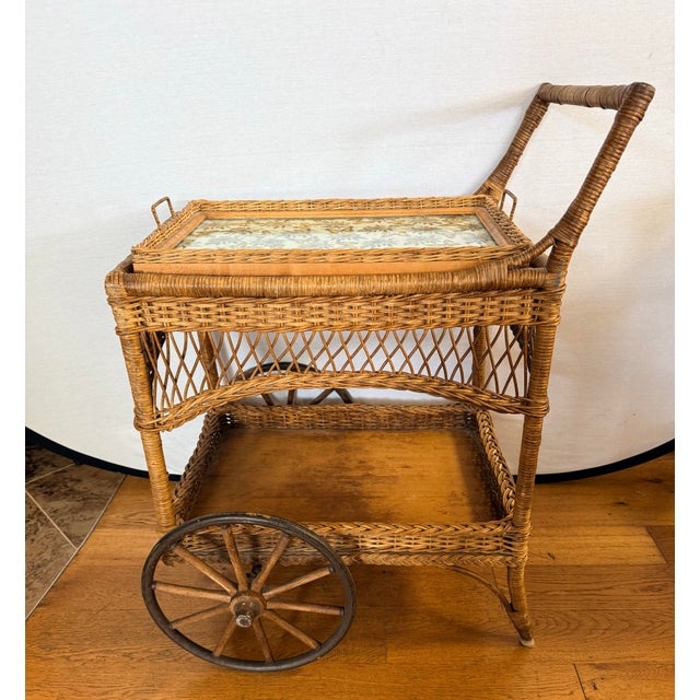 Tan Heywood Wakefield Wicker Rolling Bar Cart Tea Cart With Removable Glass Tray For Sale - Image 8 of 9