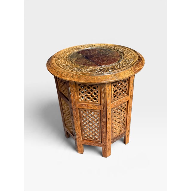 Wood Hand Carved Anglo Indian Hoshiarpur Folding Table, 1950 For Sale - Image 7 of 8