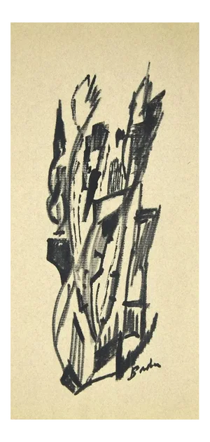 Unknown - Abstract Composition - Original Charcoal on Paper - 1960