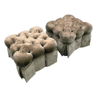 Tufted Faded Olive Velvet Skirted Ottomans on Casters For Sale