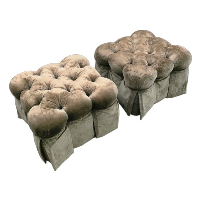 Tufted Faded Olive Velvet Skirted Ottomans on Casters For Sale