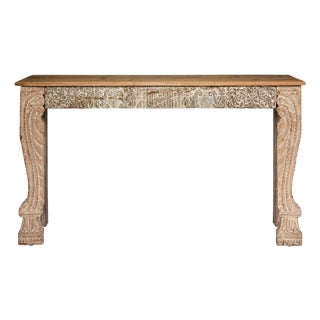 Mughal Style Whitewash Console Table with Foliage Carved Apron and Legs For Sale