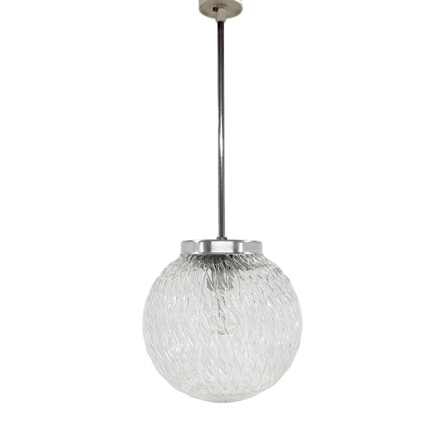 Mid-Century Czechoslovakian Clear Glass Ball Pendant Light, 1970s For Sale