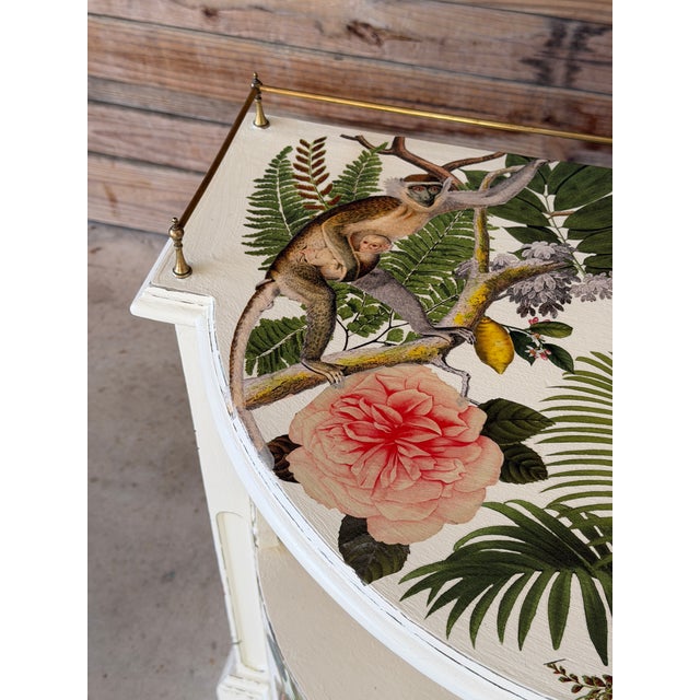 Mid 20th Century Vintage Hollywood Regency Tropical Decoupage Demi Lune Cabinet For Sale - Image 5 of 12