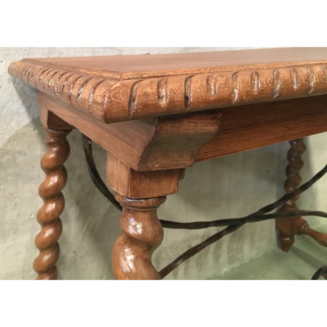 19th Spanish Farm Table With Iron Stretchers, Hand-Carved Top and Drawer For Sale - Image 9 of 13