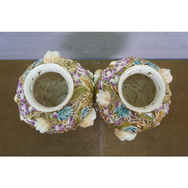 Antique Art Nouveau Hungarian Zsolnay Tádé Sikorski Openwork Floral Mallow Vases For Sale - Image 10 of 18